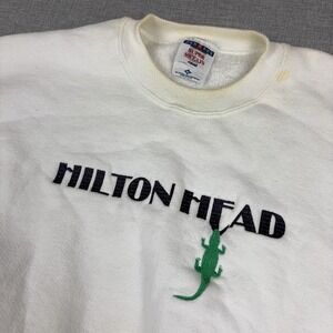 Vintage Jerzees Sweatshirt Mens XL White Crewneck Hilton Head Lizard Graphic USA